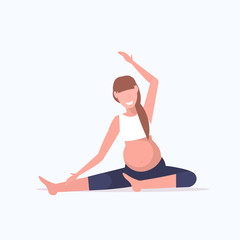 pregnant woman doing stretching exercises girl working out fitness pregnancy healthy lifestyle concept full length flat