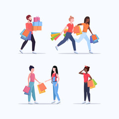 set people holding colorful paper bags mix race men women with purchases big sale shopping concept collection flat full length