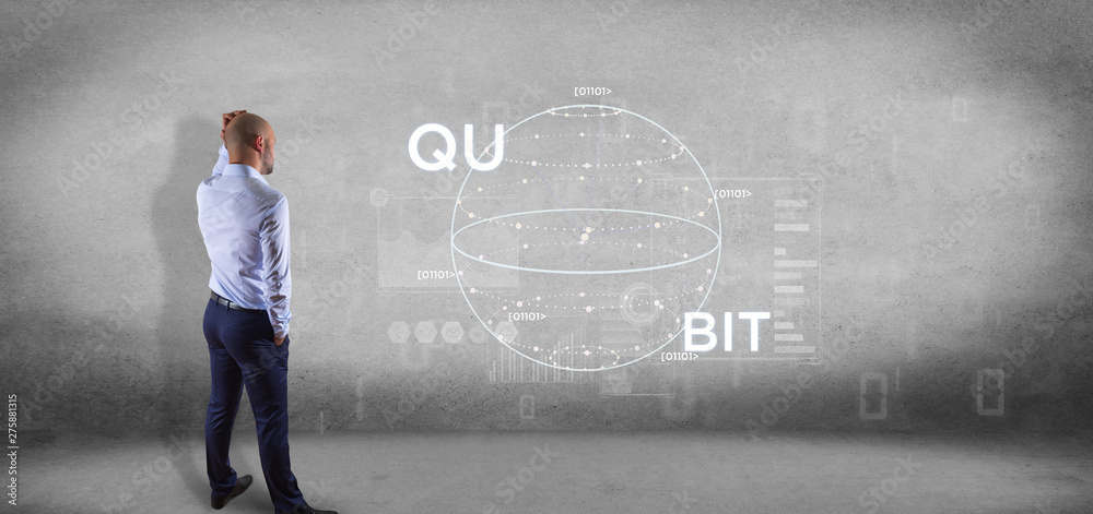 Poster businessman in front of a wall with quantum computing concept with qubit icon 3d rendering