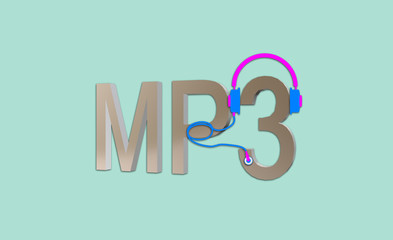 Illustration with MP3 in 3D text, popular lossy compression audio coding format, MPEG Layer III audio. Sound file format. Digital technology. Headset graphic. Vivid colors. Poster on light background.