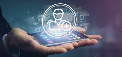 Businessman holding new contact icon