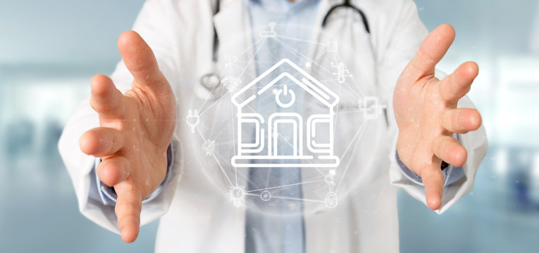Doctor holding Smart home interface with icon, stats and data 3d rendering