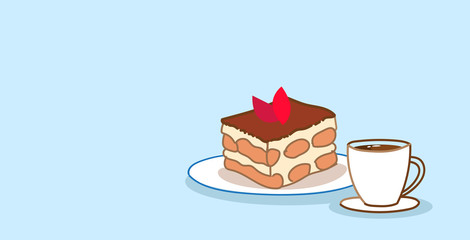 cake piece sweet bakery chocolate dessert with coffee cup food concept sketch doodle horizontal