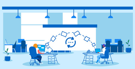 man woman coworkers transferring data folders sharing work files colleagues sitting at workplace using cloud network system file transfer concept co-working center interior sketch doodle horizontal