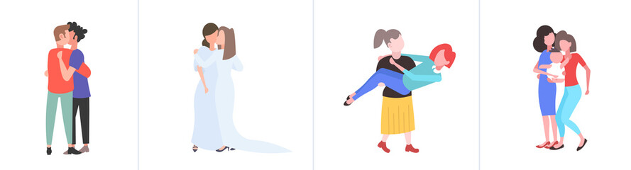 set gays lesbians couples embracing and kissing same gender homosexual lovers collection male female cartoon characters full length flat horizontal
