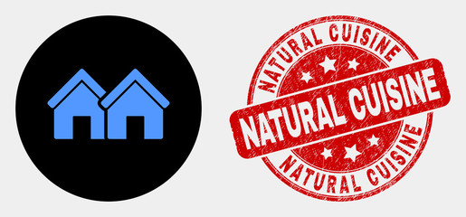 Rounded houses icon and Natural Cuisine watermark. Red rounded grunge watermark with Natural Cuisine text. Blue houses icon on black circle. Vector combination for houses in flat style.