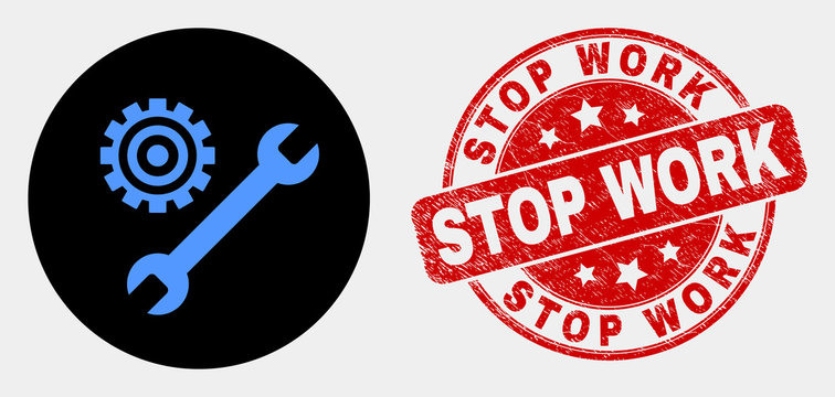 Rounded repair tools icon and Stop Work seal stamp. Red rounded textured seal with Stop Work caption. Blue repair tools symbol on black circle. Vector composition for repair tools in flat style.