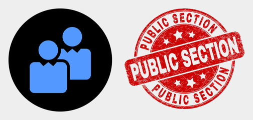 Rounded users icon and Public Section seal. Red rounded textured seal stamp with Public Section text. Blue users icon on black circle. Vector combination for users in flat style.