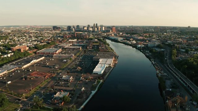 Aerial View Moving in over the Passaic River Towards Newark New Jersey