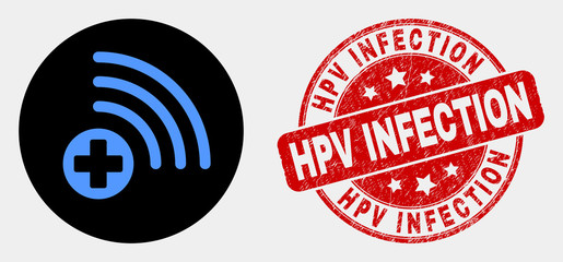 Rounded medical source icon and Hpv Infection watermark. Red rounded textured stamp with Hpv Infection text. Blue medical source icon on black circle.