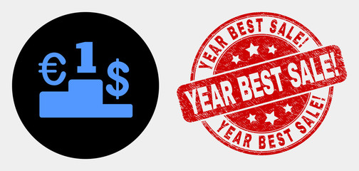 Rounded currency pedestal icon and Year Best Sale! watermark. Red rounded grunge watermark with Year Best Sale! caption. Blue currency pedestal symbol on black circle.