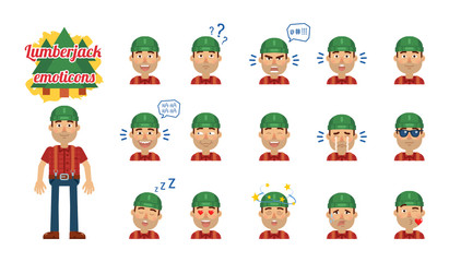Big set of lumberjack emoticons. Woodcutter emojis showing different facial expressions. Happy, sad, smile, laugh, surprised, serious, cry, tired, angry and other emotions. Flat vector illustration
