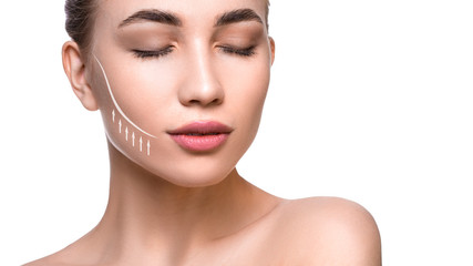Close up portrait of a beautiful woman with lifting lines on the face. Face lifting and skin care concept - obrazy, fototapety, plakaty