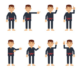 Set of karate characters showing different hand gestures. Cheerful martial artist showing thumb up, pointing up, waving, greeting and other hand gestures. Flat style vector illustration