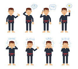 Set of karate characters posing in different situations. Cheerful martial artist talking on phone, thinking, pointing up, laughing, crying, surprised. Flat style vector illustration