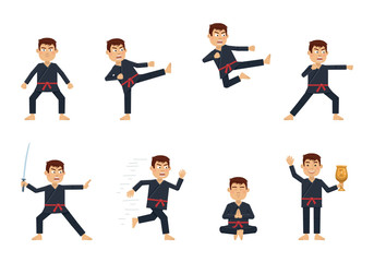Set of karate characters showing different actions. Cheerful martial artist kicking, running, jumping, hitting, meditating, holding winners cup. Flat style vector illustration
