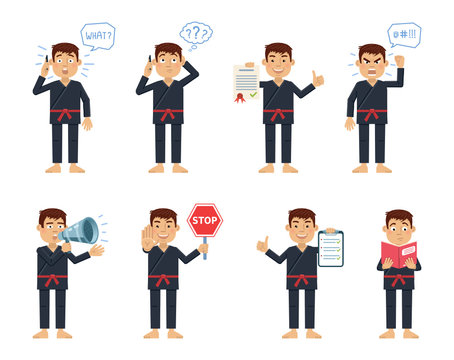 Set of karate characters posing in different situations. Cheerful martial artist talking on phone, thinking, surprised, angry, holding stop sign, loudspeaker, clipboard. Flat vector illustration