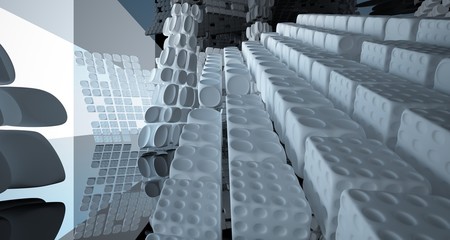 Obraz premium Abstract dynamic interior with black and white smooth objects. 3D illustration and rendering