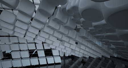 Abstract dynamic interior with black and white smooth objects. 3D illustration and rendering