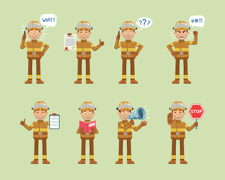 Set Of Firefighter Characters Posing In Different Situations. Cheerful Fireman Talking On Phone, Thinking, Surprised, Angry, Holding Stop Sign, Loudspeaker, Clipboard, Book. Flat Vector Illustration