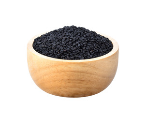 sesame isolated in wood bowl on white background