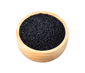 sesame isolated in wood bowl on white background