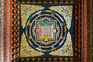 Decorated ceiling that tell about Lord Buddha story in Bhutanese art inside The Royal Bhutanese...