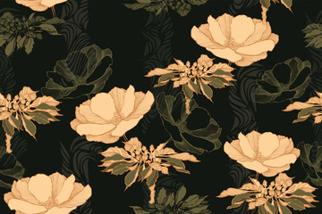 Floral vintage seamless pattern with roses. Hand drawing, vector illustration. - 275886150