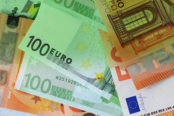 One Hundred and Fifty euro banknotes green color toned close up