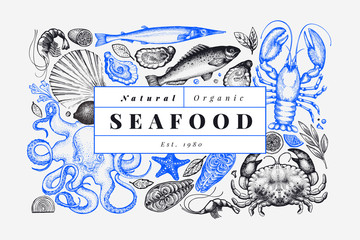 Seafood and fish design template. Hand drawn vector illustration. Food banner. Can be used for design menu, packaging, recipes, label, fish market, seafood products.