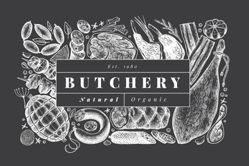 Vintage vector meat products design template. Hand drawn ham, sausages, jamon, spices and herbs. Raw food ingredients. Retro illustration on chalk board. Can be use for label, restaurant menu.