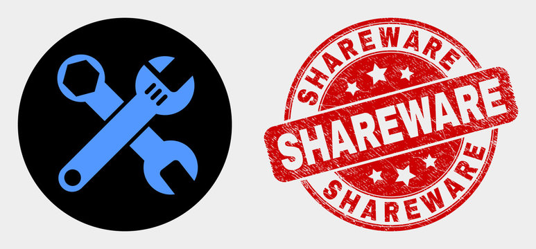 Rounded wrenches icon and Shareware watermark. Red rounded scratched watermark with Shareware text. Blue wrenches icon on black circle. Vector combination for wrenches in flat style.