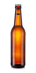 brown bottle of beer with water drops isolated on white