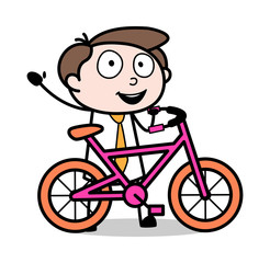 Standing with a Cycle - Office Businessman Employee Cartoon Vector Illustration