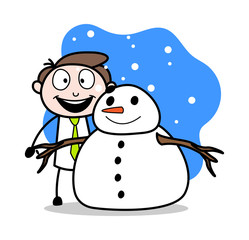 Standing with Snowman - Office Businessman Employee Cartoon Vector Illustration