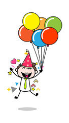 Celebrating Birthday and Flying with Balloons - Office Businessman Employee Cartoon Vector Illustration