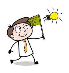 Trying to Catch a Bulb - Office Businessman Employee Cartoon Vector Illustration