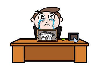 Crying after Missing His Wife - Office Businessman Employee Cartoon Vector Illustration