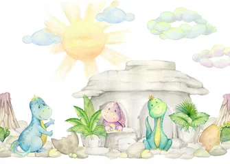 Abwaschbare Fototapete Kinderzimmer Niedliche Dinosaurier Sammlung Aquarell Illustration, handbemalt isoliert auf weißem Hintergrund. Muster