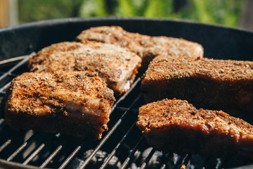 grilling meats in the spices in the yard