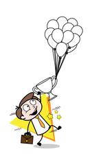 Flying with Trophy and Balloons - Office Businessman Employee Cartoon Vector Illustration