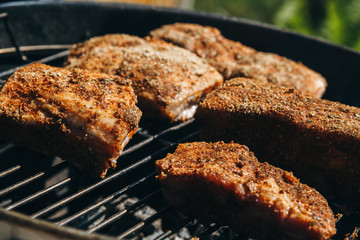 grilling meats in the spices in the yard
