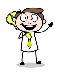 Holding a Guitar and  Gesturing Hi - Office Businessman Employee Cartoon Vector Illustration
