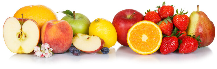 Fresh fruits collection apple fruit apples lemon orange food isolated on white in a row - obrazy, fototapety, plakaty