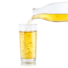 Apple juice pouring apples fruit fruits glass bottle square isolated on white