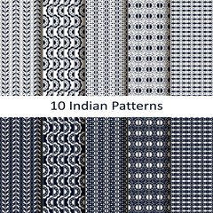 seamless vector set of ten blue indian lineal geometric patterns. seamless template in swatch panel. design for print, textile, packaging - 275890115