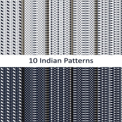 seamless vector set of ten blue indian lineal geometric patterns. seamless template in swatch panel. design for print, textile, packaging - 275890120