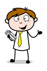 Holding a Book and Discussing - Office Salesman Employee Cartoon Vector Illustration
