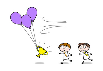Boy Running to Catch the Trophy - Office Salesman Employee Cartoon Vector Illustration