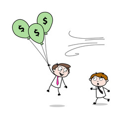 Flying with Balloons - Office Salesman Employee Cartoon Vector Illustration